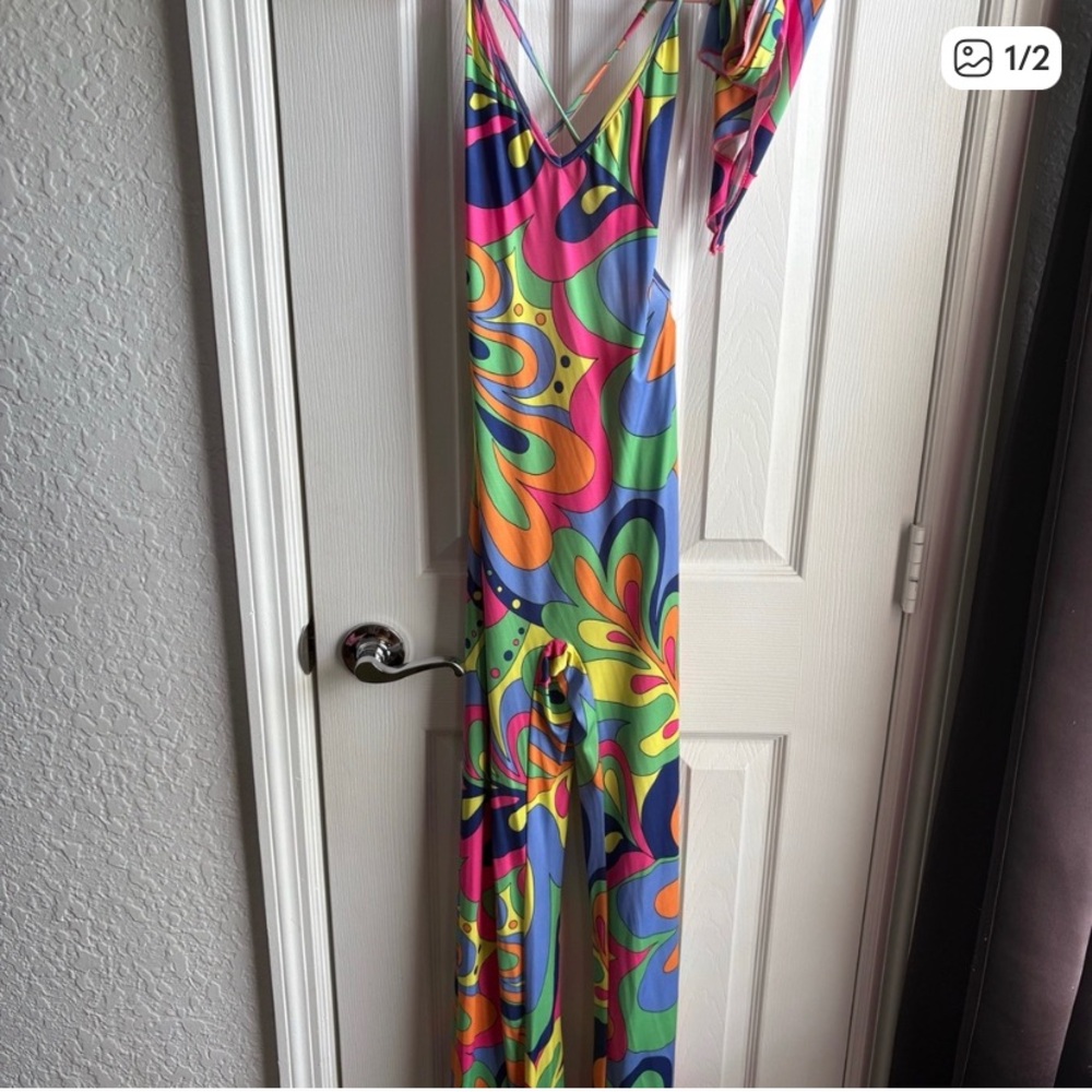 Wide leg Multicolor Retro Print Jumpsuit with Scarf